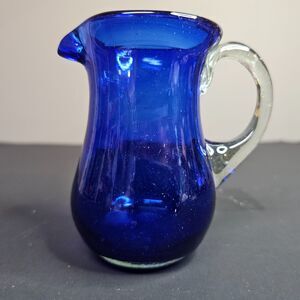 Vtg Cobalt Blue Handmade Vintage Glass Mini Pitcher Vase 4” Tall